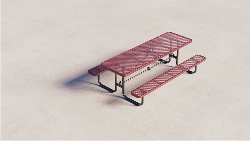 8ft metal picnic table place on a wooden patio, surrouned by a green field of grass