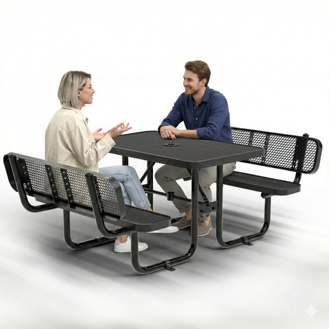 Metal Picnic Table - Rectangle Expanded Metal - 4ft - Black - Backrest - ADA Compliant