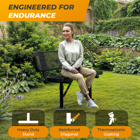 Heavy-Duty Outdoor Bench - Expanded Metal - 4ft - Surface - Black - With Backrest