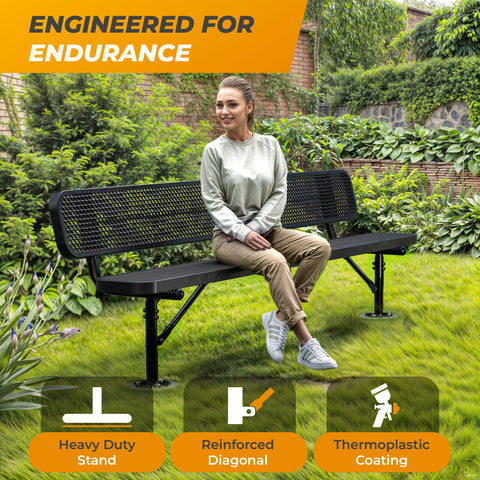 Heavy-Duty Outdoor Bench - Expanded Metal - 8ft - Surface - Black - With Backrest