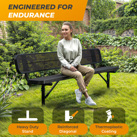 Heavy-Duty Outdoor Bench - Expanded Metal - 8ft - Inground - Black - With Backrest
