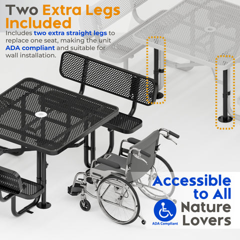Metal Picnic Table - Square Expanded Metal - 46 in - Black - With Backrest - ADA Compliant