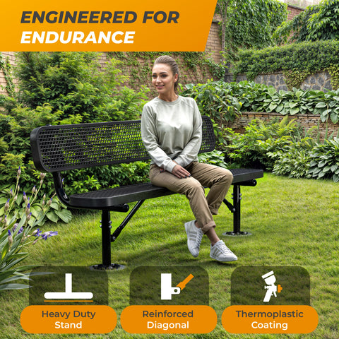 Heavy-Duty Outdoor Bench - Expanded Metal - 6ft - Surface - With Back - Black
