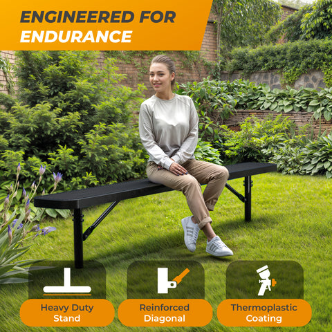 Heavy-Duty Outdoor Bench - Expanded Metal - 8ft - Inground - Black