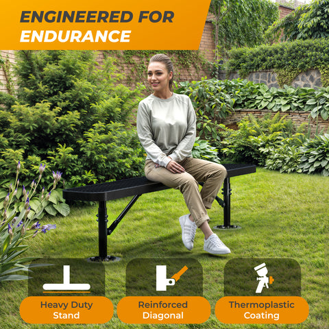 Heavy-Duty Outdoor Bench - Expanded Metal - 6ft - Surface - No Back - Black