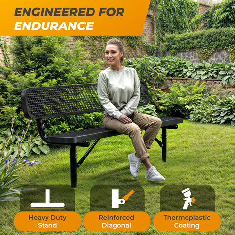 Heavy-Duty Outdoor Bench - Expanded Metal - 6ft - Inground - With Back - Black
