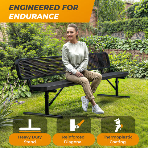 Heavy-Duty Outdoor Bench - Expanded Metal - 8ft - Portable - Black - With Backrest