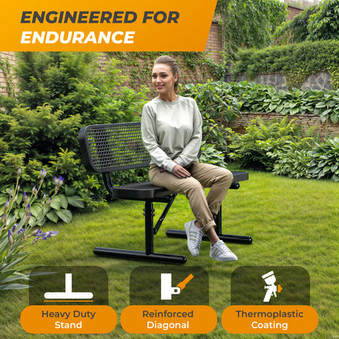 Heavy-Duty Outdoor Bench - Expanded Metal - 4ft - Portable - Black - With Backrest