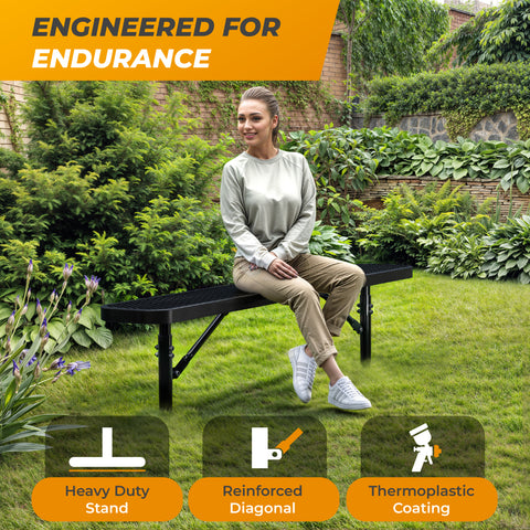 Heavy-Duty Outdoor Bench - Expanded Metal - 6ft - Inground - No Back - Black