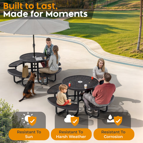 Metal Picnic Table - Round Expanded Metal - 38 in - Black