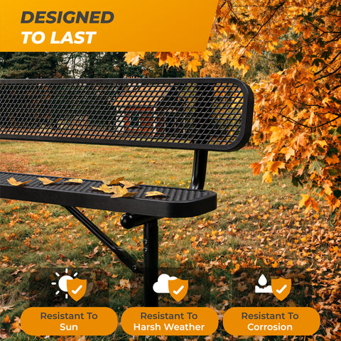 Heavy-Duty Outdoor Bench - Expanded Metal - 8ft - Surface - Black - With Backrest