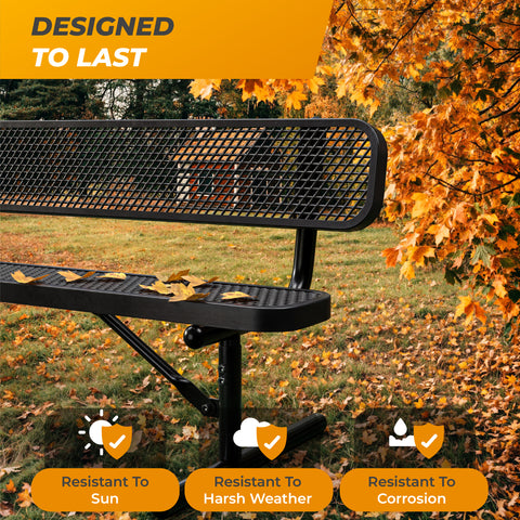 Heavy-Duty Outdoor Bench - Expanded Metal - 8ft - Portable - Black - With Backrest