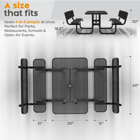 Metal Picnic Table - Rectangle Expanded Metal - 4ft - Black - Backrest - ADA Compliant