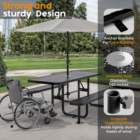 Metal Picnic Table - Rectangle Punched Metal - 6ft - Black - ADA Compliant