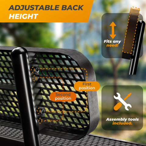 Heavy-Duty Outdoor Bench - Expanded Metal - 4ft - Portable - Black - With Backrest