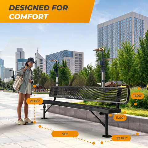 Heavy-Duty Outdoor Bench - Expanded Metal - 8ft - Surface - Black - With Backrest
