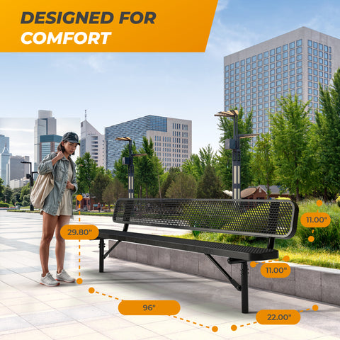 Heavy-Duty Outdoor Bench - Expanded Metal - 8ft - Inground - Black - With Backrest