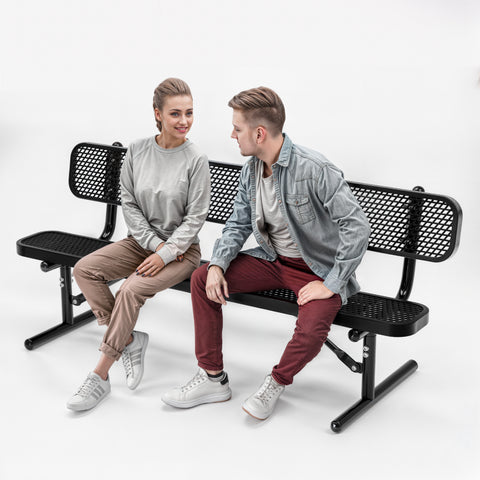 Heavy-Duty Outdoor Bench - Expanded Metal - 6ft - Portable - With Back - Black