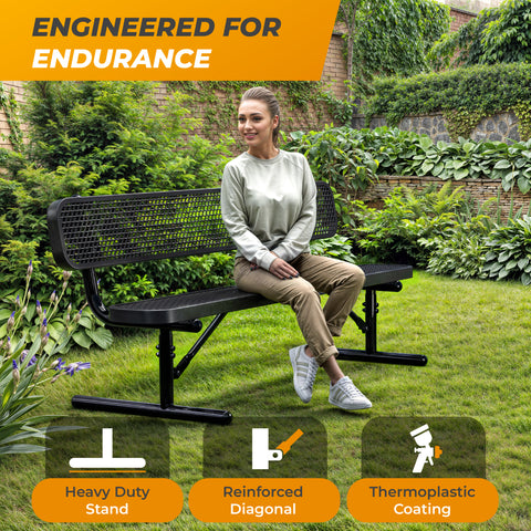 Heavy-Duty Outdoor Bench - Expanded Metal - 6ft - Portable - With Back - Black