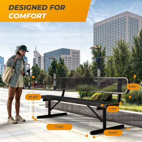 Heavy-Duty Outdoor Bench - Expanded Metal - 6ft - Portable - With Back - Black