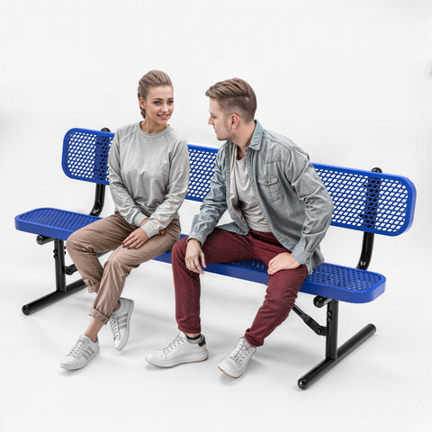 Heavy-Duty Outdoor Bench - Expanded Metal - 6ft - Portable - With Back - Blue