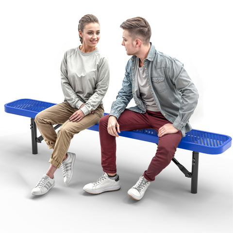 Heavy-Duty Outdoor Bench - Expanded Metal - 6ft - Inground - No Back - Blue