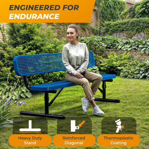 Heavy-Duty Outdoor Bench - Expanded Metal - 6ft - Portable - With Back - Blue