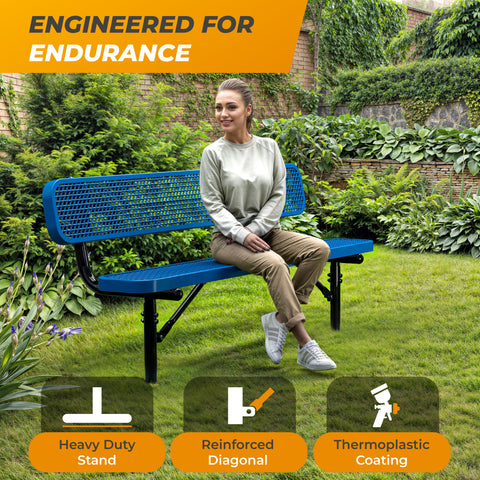 Heavy-Duty Outdoor Bench - Expanded Metal - 6ft - Inground - With Back - Blue
