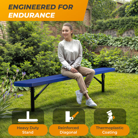 Heavy-Duty Outdoor Bench - Expanded Metal - 8ft - Inground - Blue