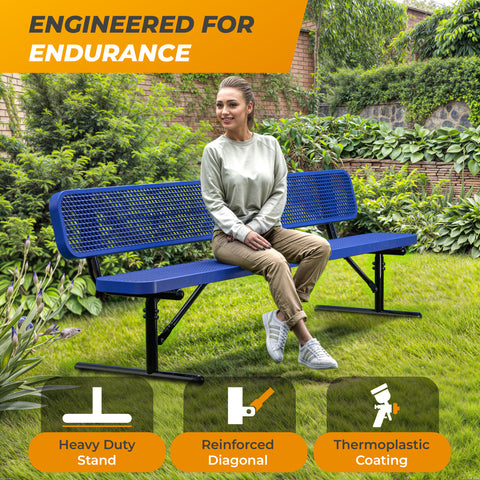 Heavy-Duty Outdoor Bench - Expanded Metal - 8ft - Portable - Blue - With Backrest