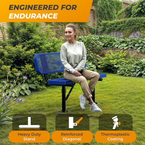 Heavy-Duty Outdoor Bench - Expanded Metal - 4ft - Surface - Blue - With Backrest