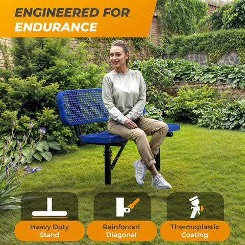 Heavy-Duty Outdoor Bench - Expanded Metal - 4ft - Inground - Blue - With Backrest