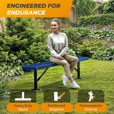 Heavy-Duty Outdoor Bench - Expanded Metal - 6ft - Surface - No Back - Blue