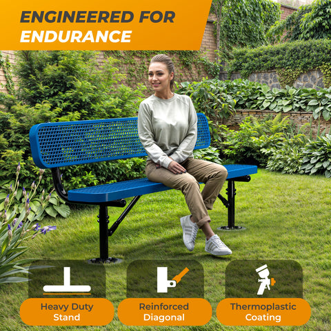 Heavy-Duty Outdoor Bench - Expanded Metal - 6ft - Surface - With Back - Blue