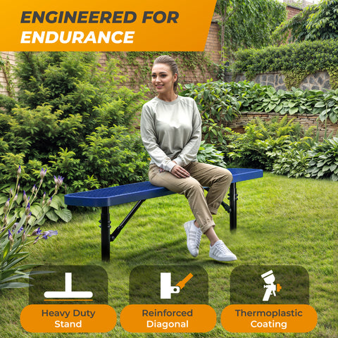 Heavy-Duty Outdoor Bench - Expanded Metal - 6ft - Inground - No Back - Blue