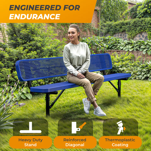 Heavy-Duty Outdoor Bench - Expanded Metal - 8ft - Inground - Blue - With Backrest