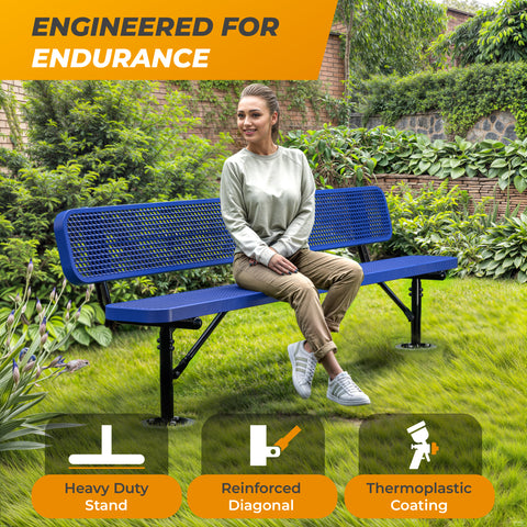 Heavy-Duty Outdoor Bench - Expanded Metal - 8ft - Surface - Blue - With Backrest