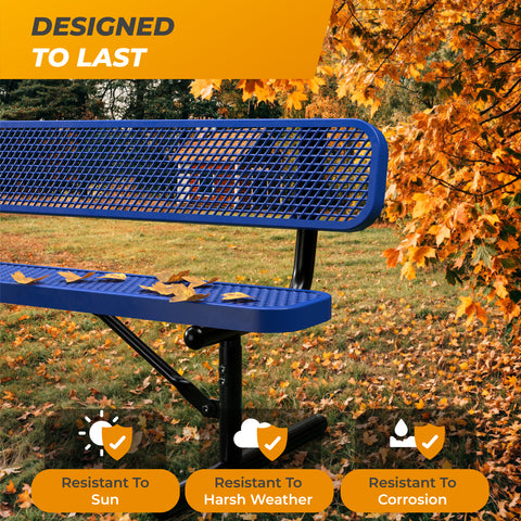 Heavy-Duty Outdoor Bench - Expanded Metal - 8ft - Portable - Blue - With Backrest
