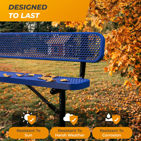 Heavy-Duty Outdoor Bench - Expanded Metal - 6ft - Surface - With Back - Blue