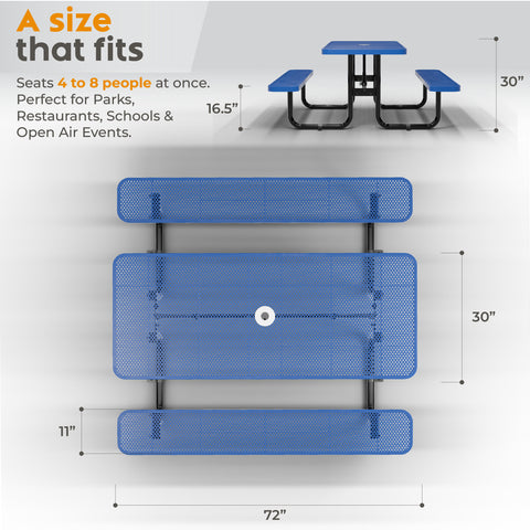 Metal Picnic Table - Rectangle Punched Metal - 6ft - Blue - ADA Compliant