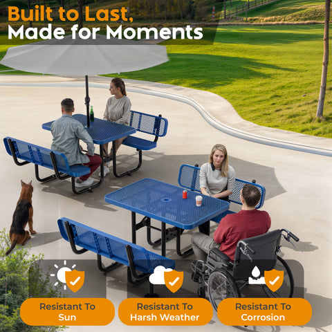 Metal Picnic Table - Rectangle Expanded Metal - 4ft - Blue - Backrest - ADA Compliant