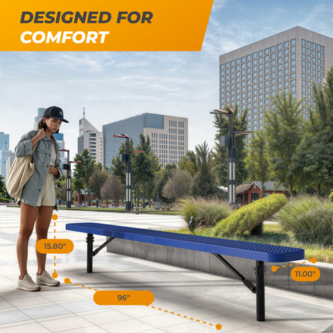Heavy-Duty Outdoor Bench - Expanded Metal - 8ft - Inground - Blue
