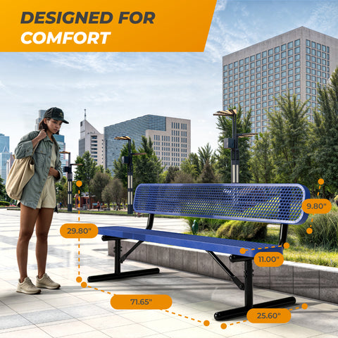 Heavy-Duty Outdoor Bench - Expanded Metal - 6ft - Portable - With Back - Blue