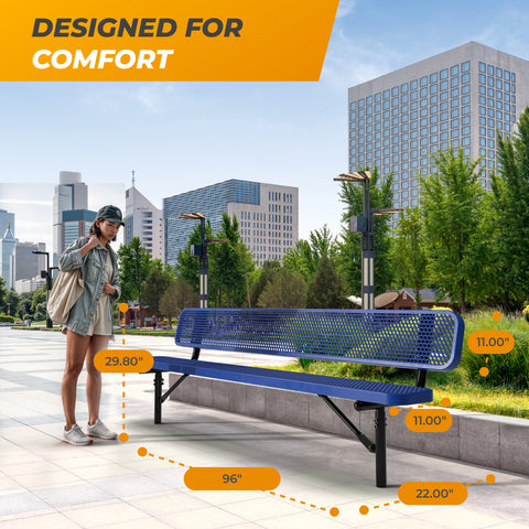 Heavy-Duty Outdoor Bench - Expanded Metal - 8ft - Inground - Blue - With Backrest