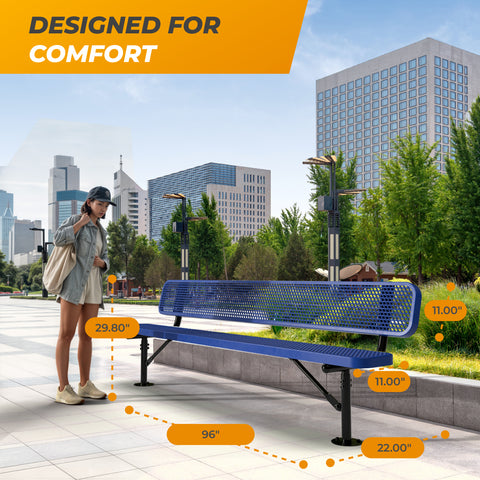 Heavy-Duty Outdoor Bench - Expanded Metal - 8ft - Surface - Blue - With Backrest
