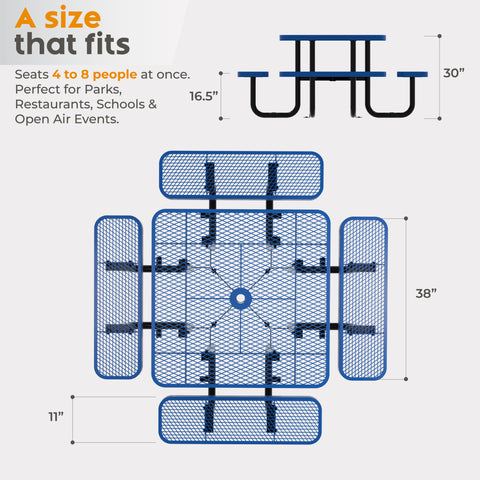 Metal Picnic Table - Square Expanded Metal - 38 in - Blue
