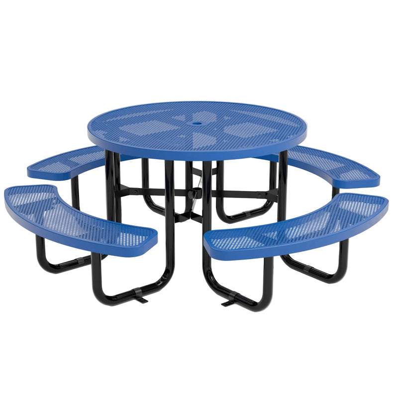 Blue metal picnic table with curved bench seating on a light gray studio background.