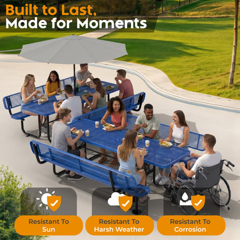 Metal Picnic Table - Rectangle Expanded Metal - 8ft - Blue - ADA Compliant