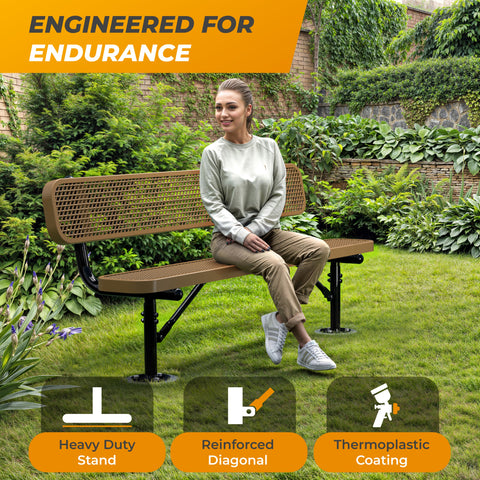 Heavy-Duty Outdoor Bench - Expanded Metal - 6ft - Surface - With Back - Brown