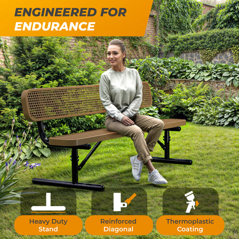 Heavy-Duty Outdoor Bench - Expanded Metal - 6ft - Portable - With Back - Brown
